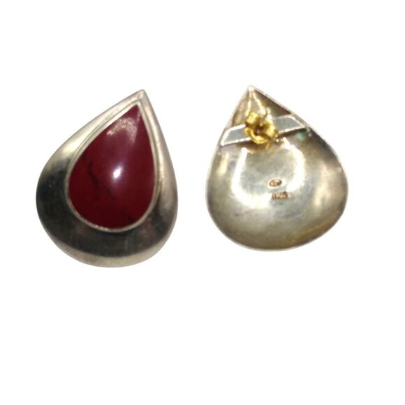 Bloodstone Bezel Set Cabochon Earrings, Sterling Silver Teardrop Studs - Picture 4 of 5